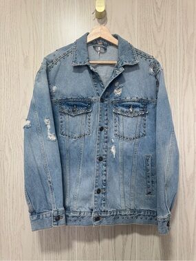 Free People Studded Denim Jacket Distressed Oversized Western Boho Jean Coat SM